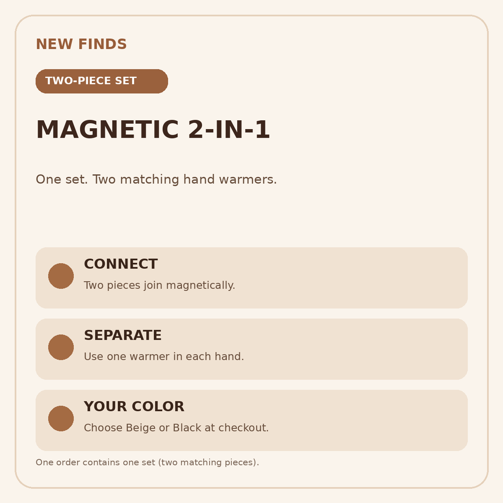 Magnetic 2-in-1 hand warmer set with two matching pieces in the selected color
