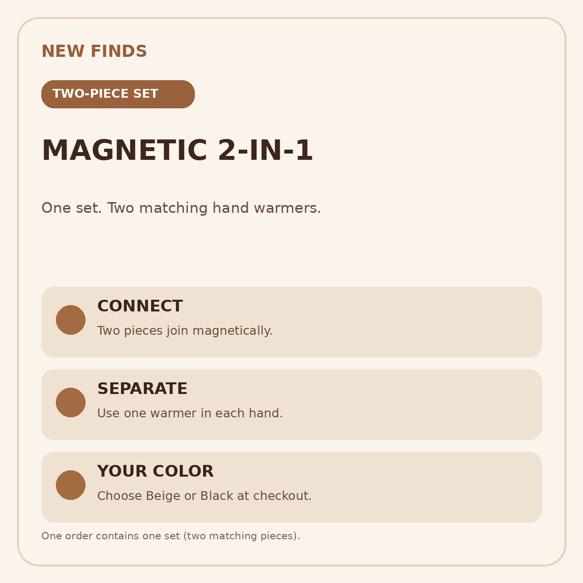 Magnetic 2-in-1 hand warmer set with two matching pieces in the selected color