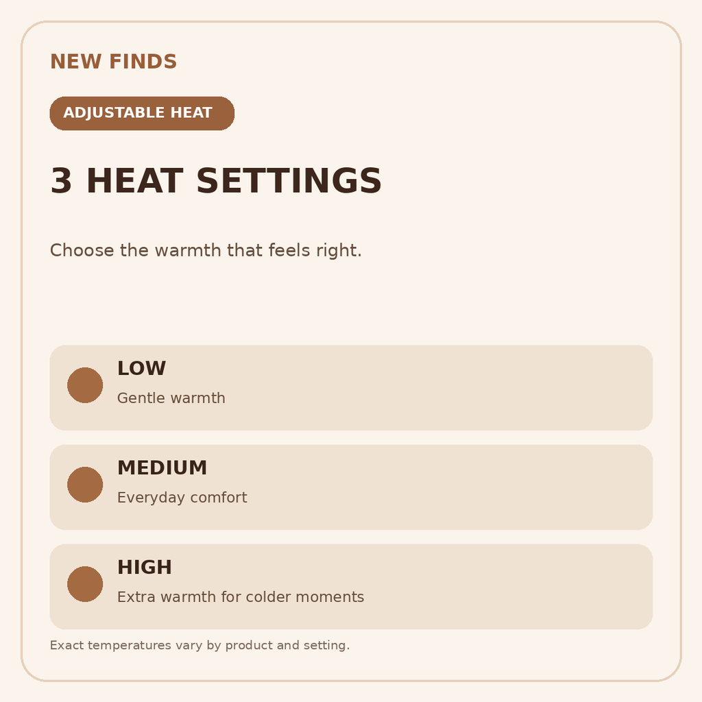 Three adjustable heat settings: low, medium and high
